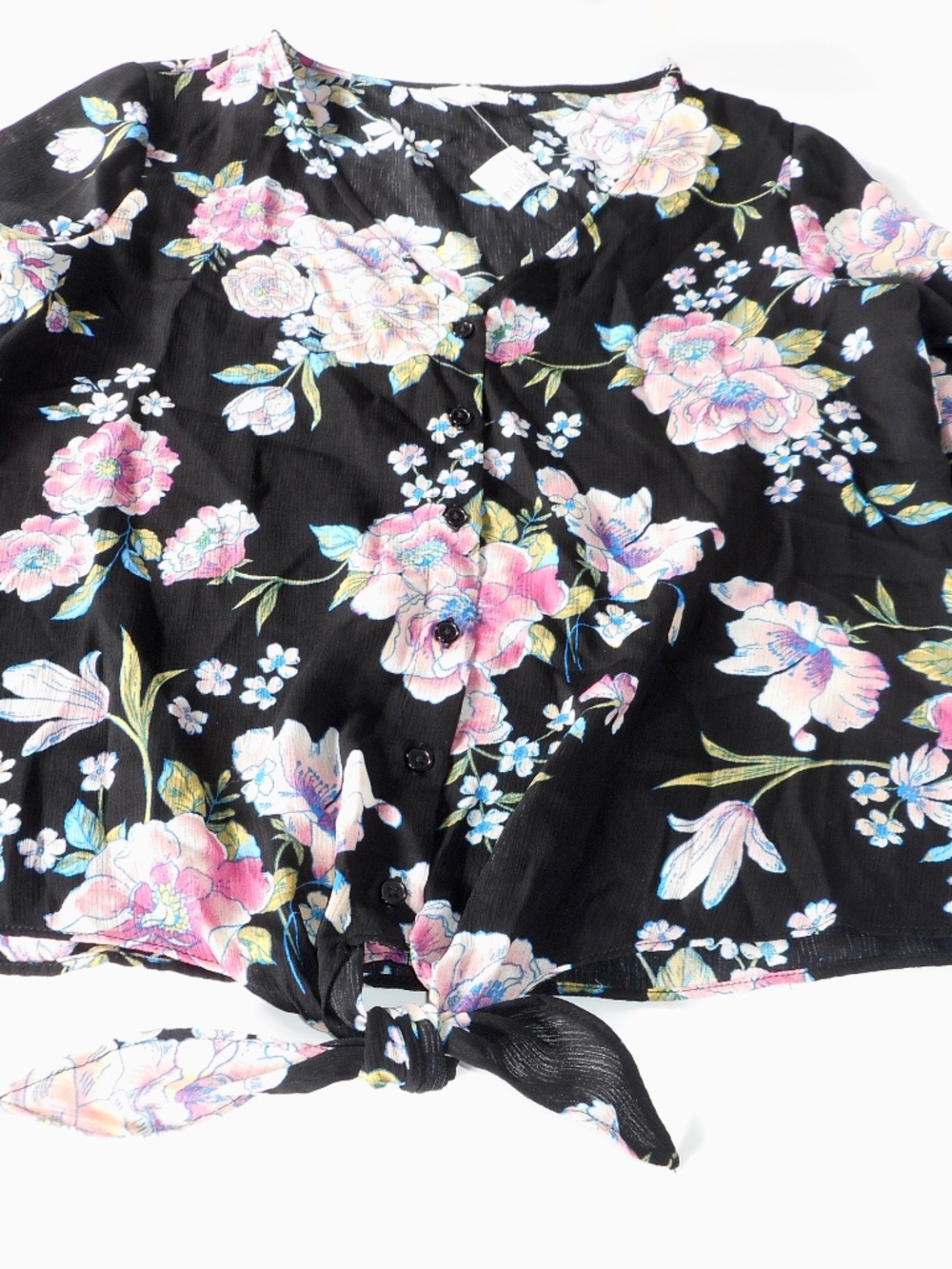 NWT Maurices Black Floral Sz L Ruffle Lace Tiered Sleeve Top Button-up Tie Knot